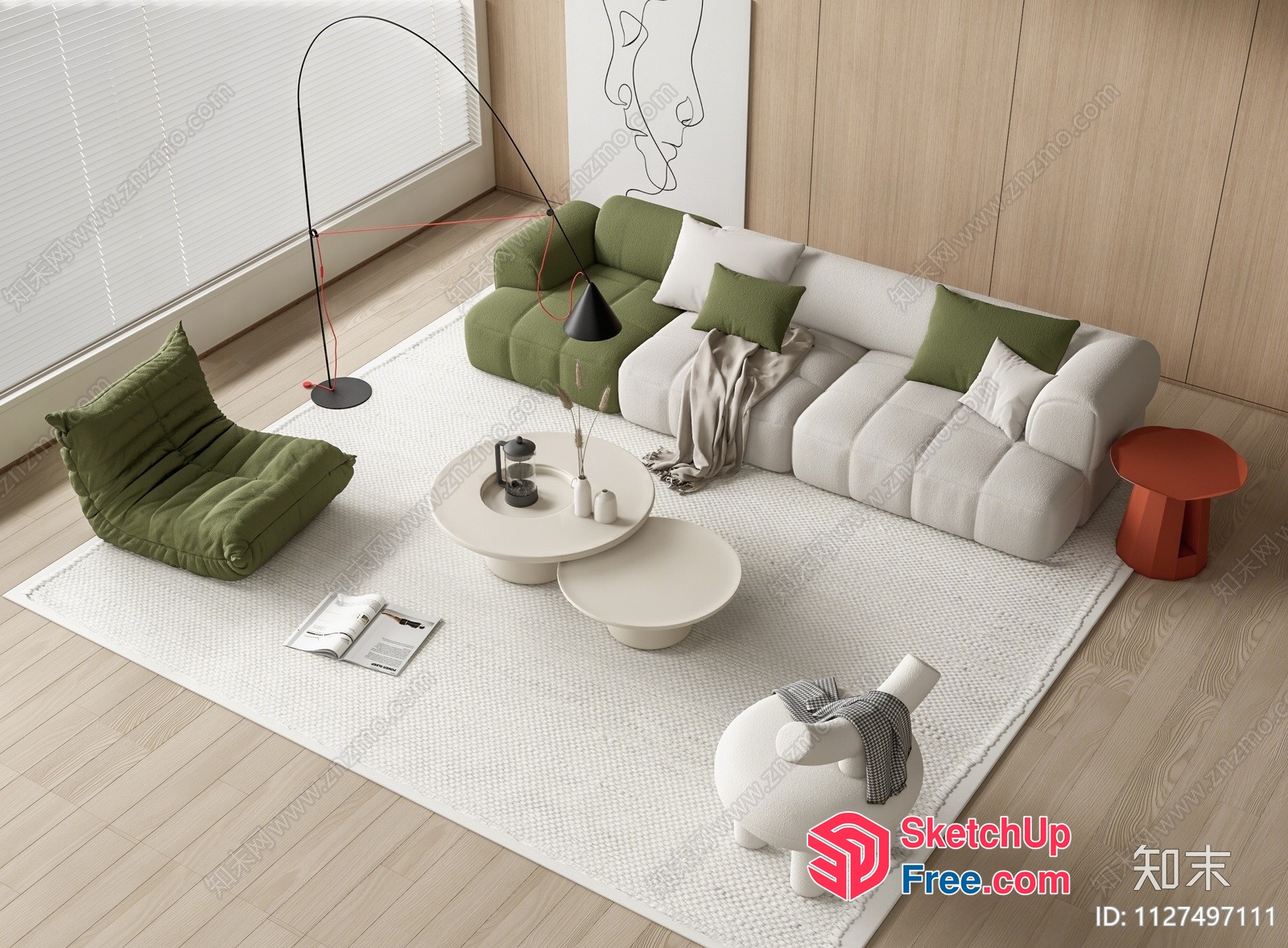 Minimalist Japanese Style Living Room With Green And White Accents 3D SketchUp File