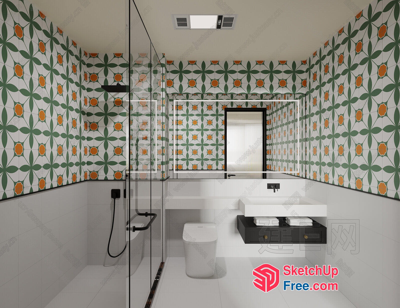 Floral Patterned Bathroom With White Tile And Black Fixtures 3D SketchUp File