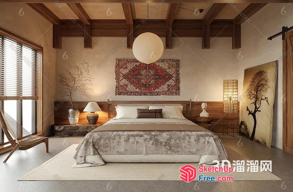 Minimalist Japanese Style Bedroom With Natural Elements 3D SketchUp File