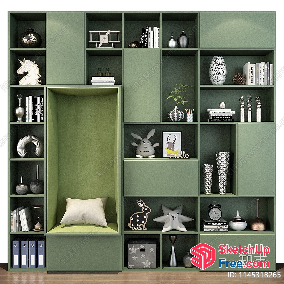 Modern Green Bookcase With Pillows And Toys 3D SketchUp File