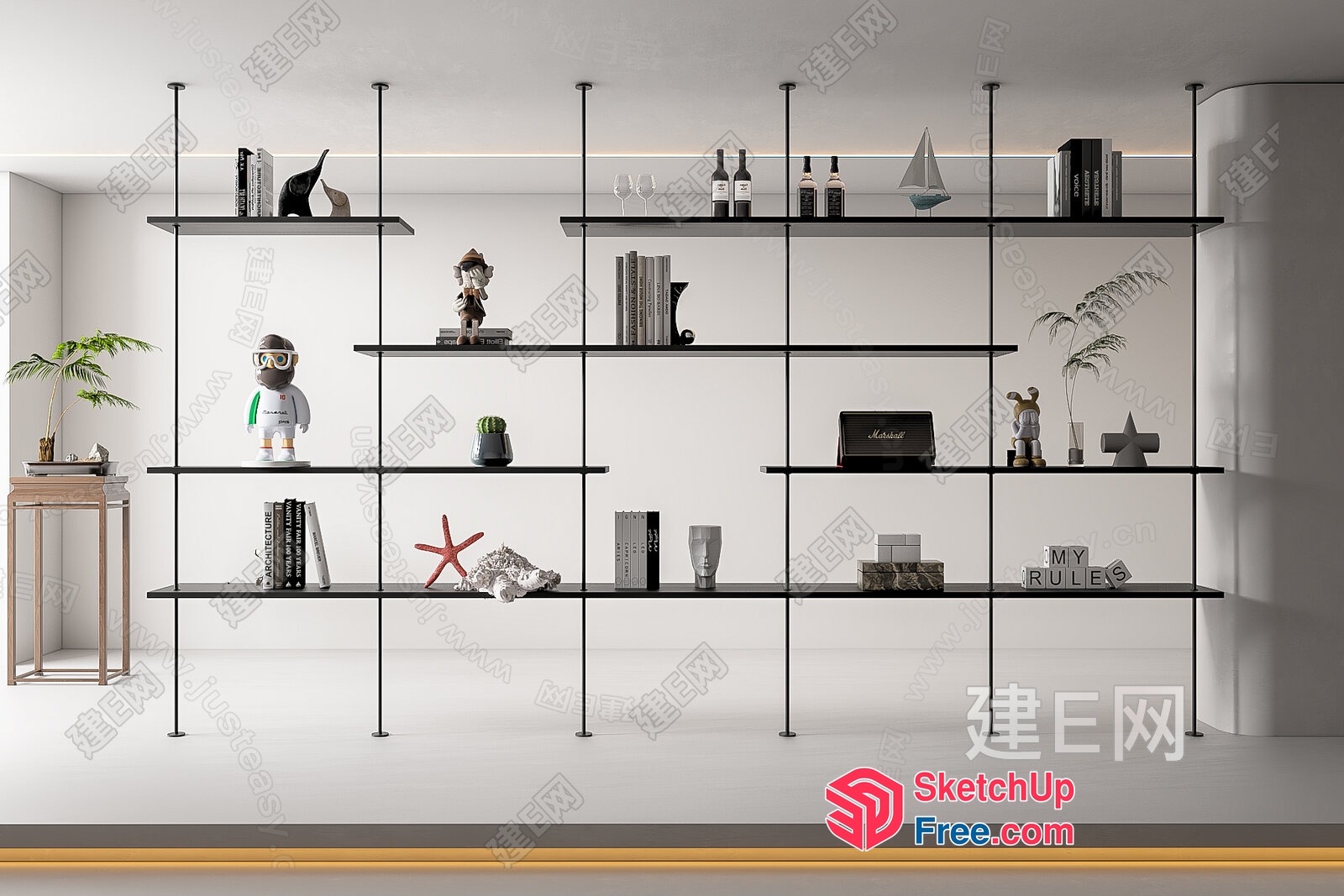 Modern Minimalist Shelving Unit With Decorative Items 3D SketchUp File