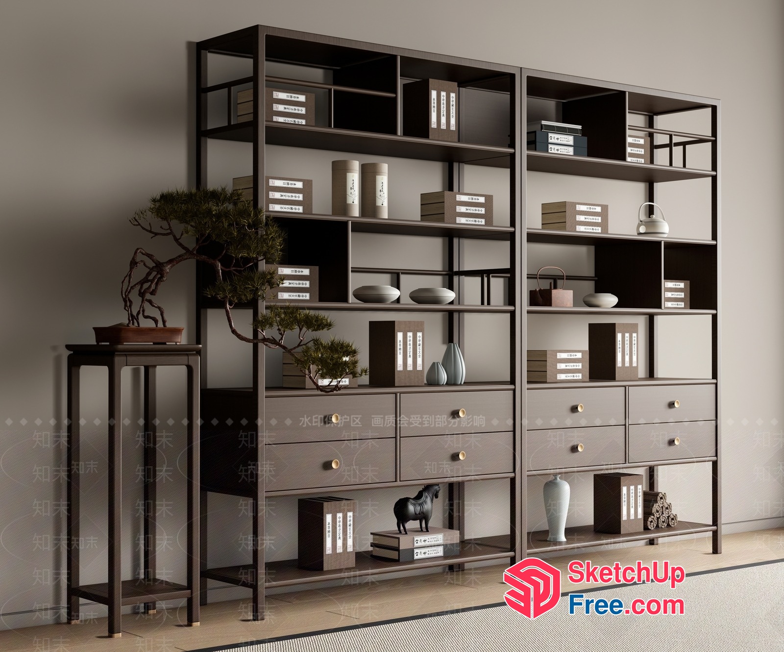 Modern Japanese-Inspired Shelving Unit With Decorative Elements 3D SketchUp File