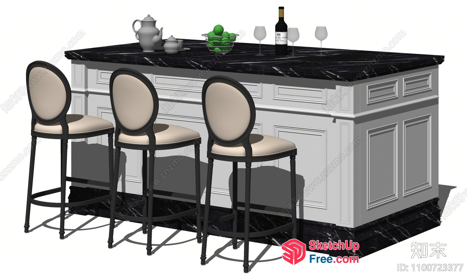 Elegant Bar Counter With Classic Moulding And Stools 3D SketchUp File