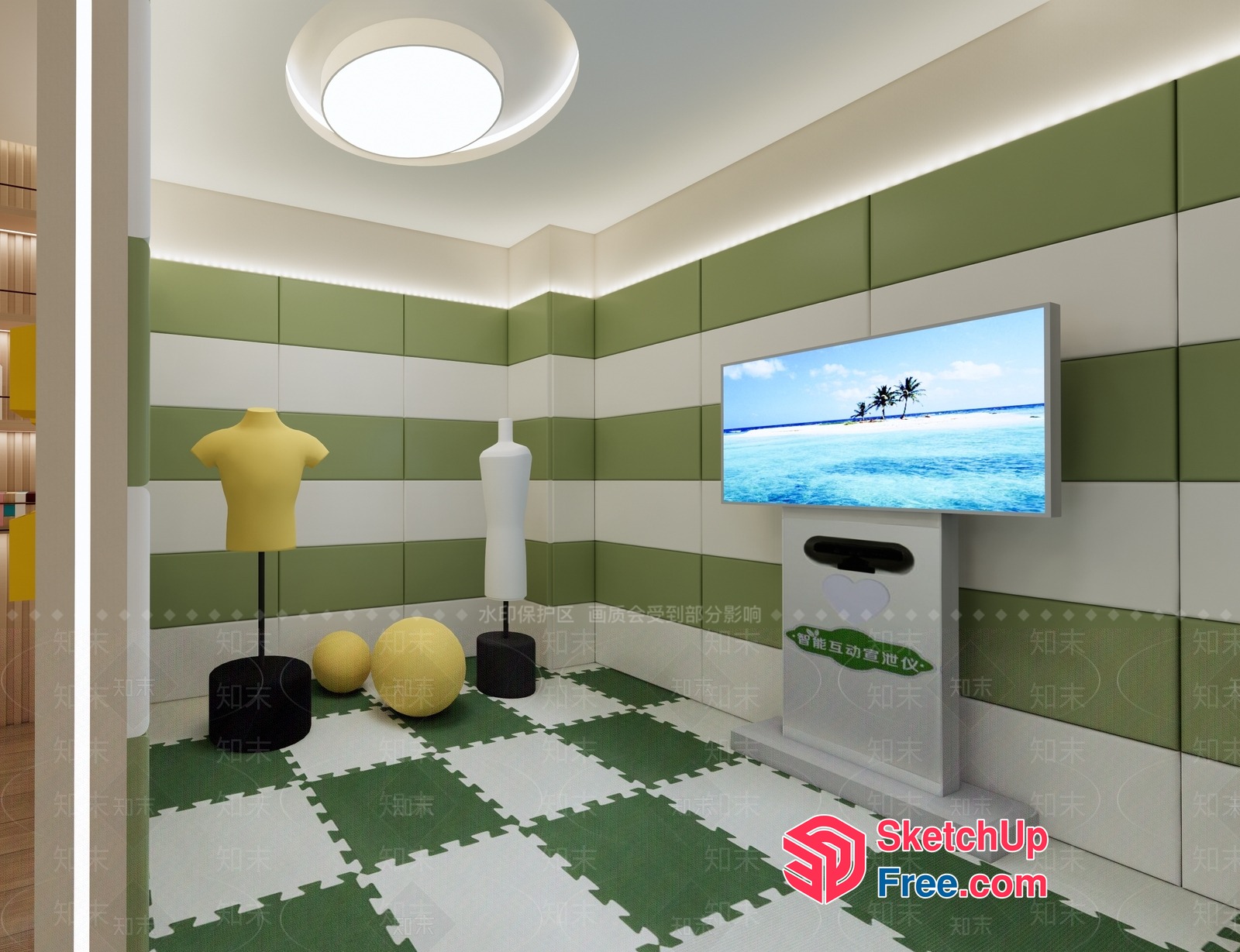 Modern Green And White Checkered Room With Unique Decor 3D SketchUp File