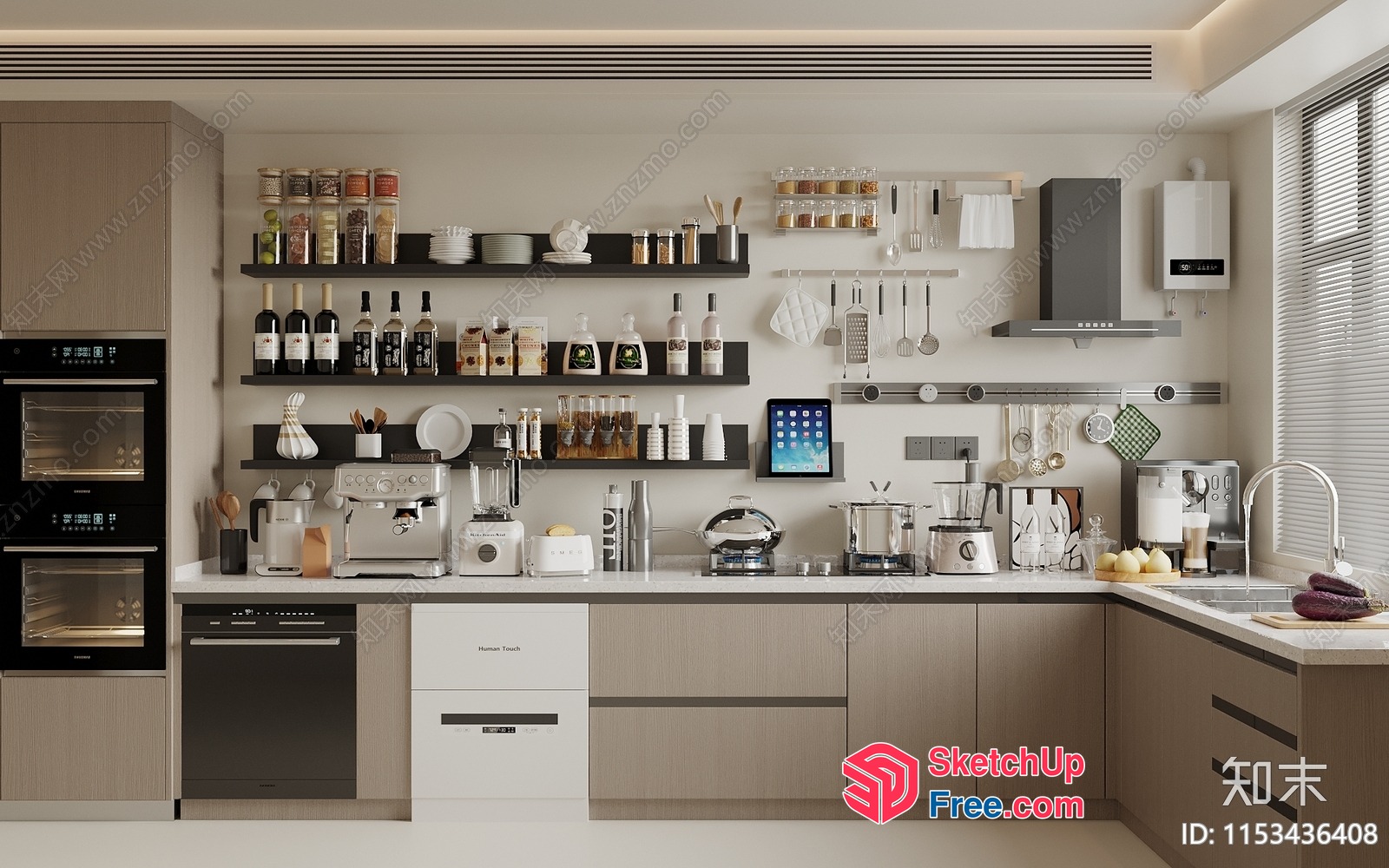 Modern Kitchen With Sleek Appliances And Decorative Shelves 3D SketchUp File
