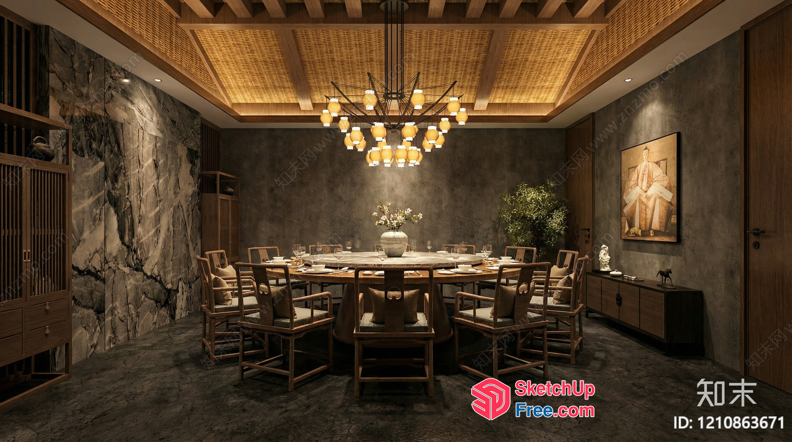 Luxurious Asian-Inspired Dining Room With Natural Materials 3D SketchUp File