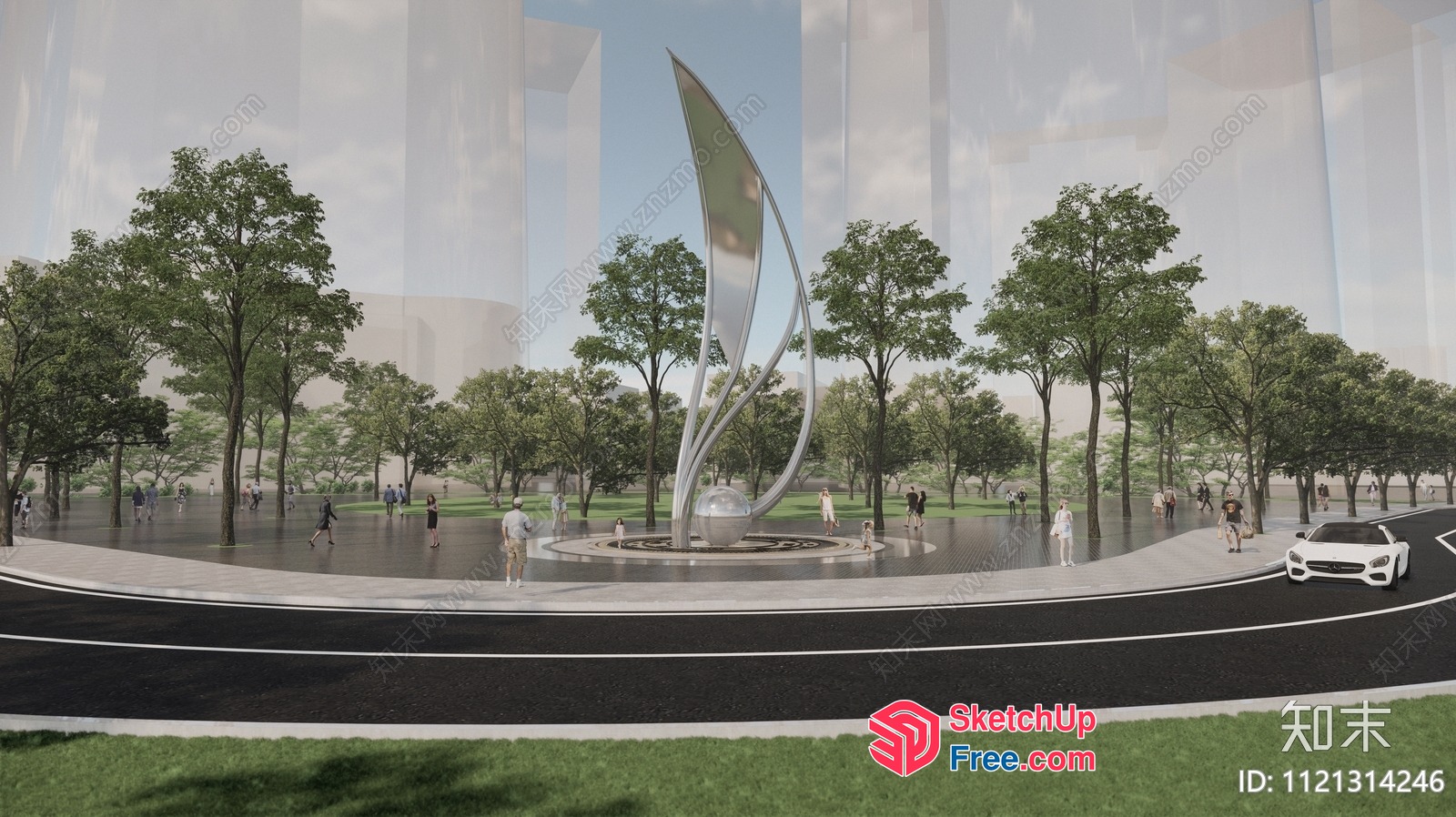 Modern Park With Futuristic Sculpture 3D SketchUp File