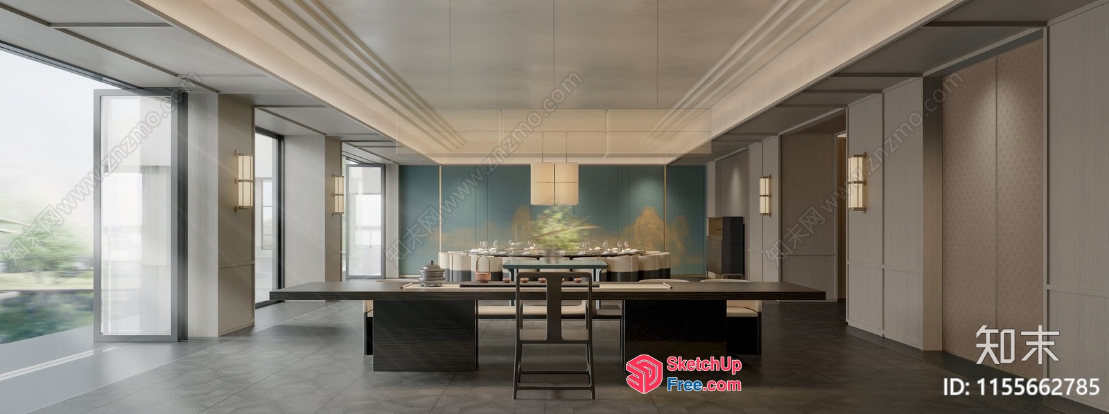 Elegant Dining Room With Modern Furniture And Large Windows 3D SketchUp File