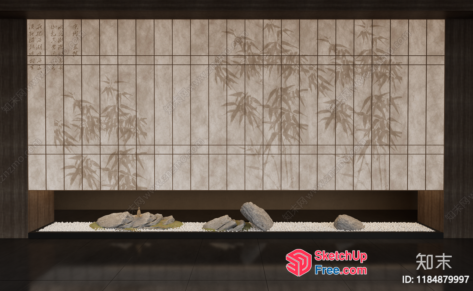 Japanese Style Interior With Bamboo And Rock Decor 3D SketchUp File