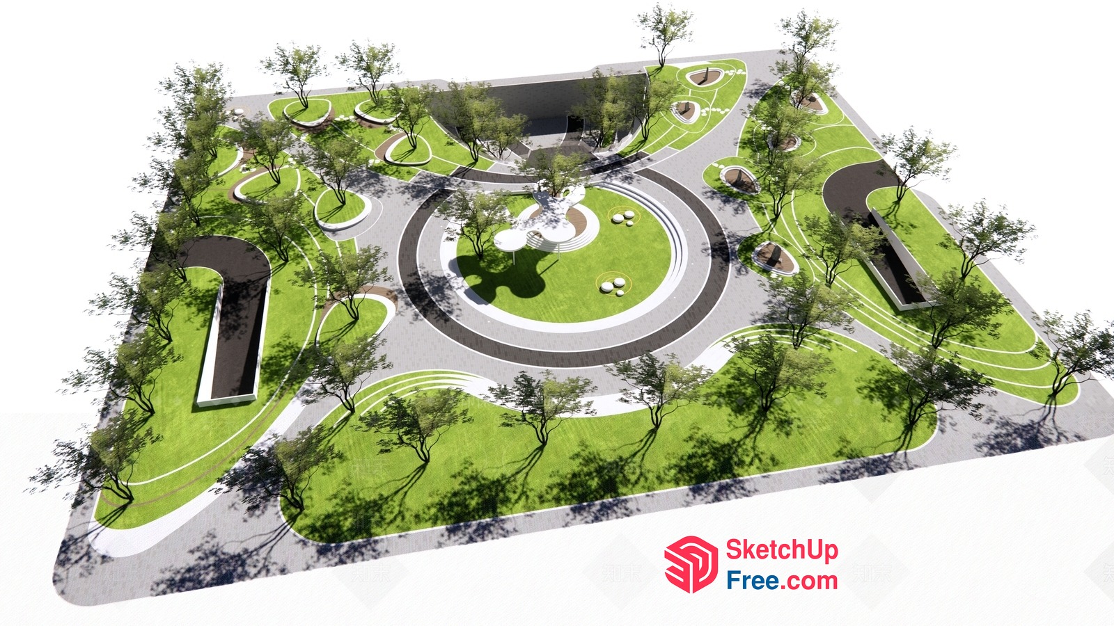 Serene Park Design With Curved Paths And Greenery 3D SketchUp File