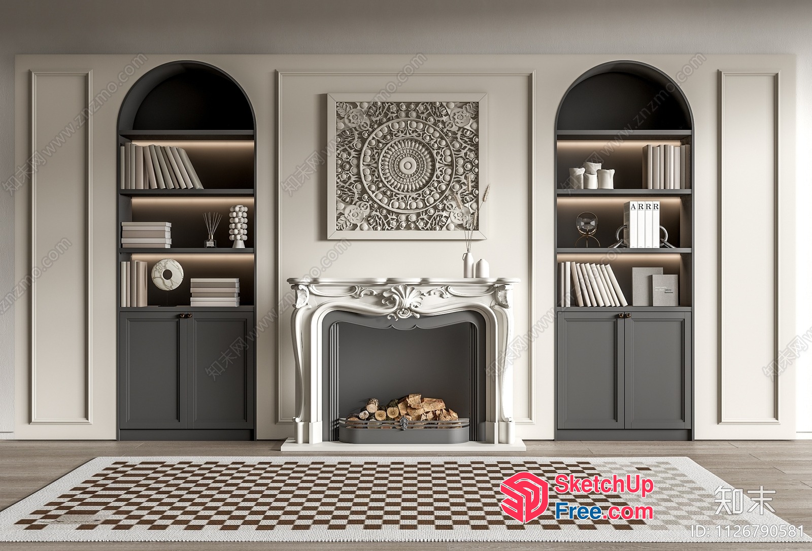 Elegant Fireplace And Bookcase Interior 3D SketchUp File