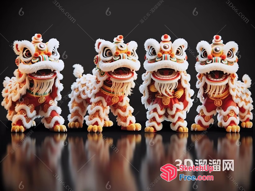 Four Vibrant Chinese Lion Dancers In Traditional Attire 3D SketchUp File