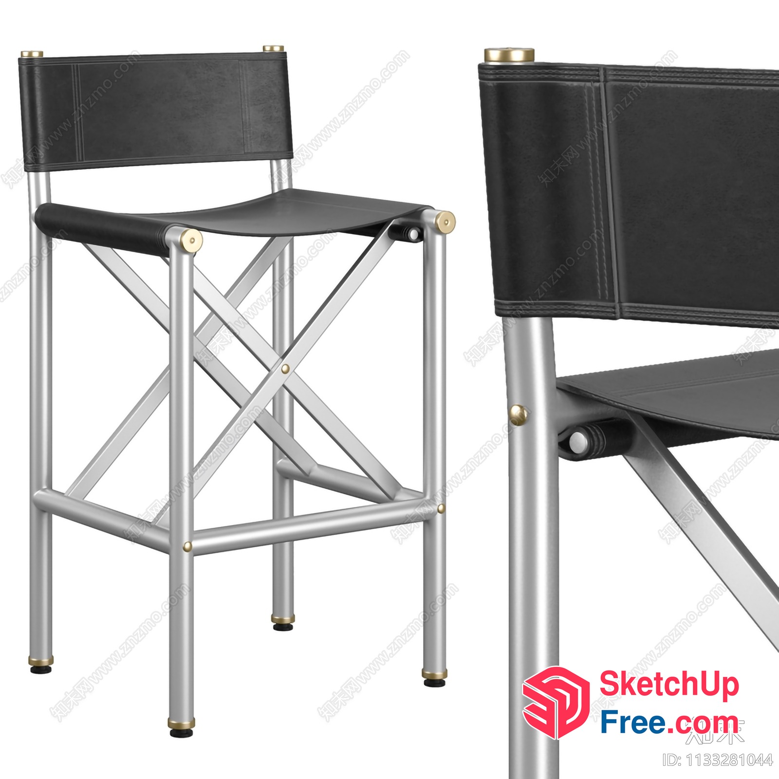 High-End Bar Stool With Black Leather And Silver Metal Frame 3D SketchUp File