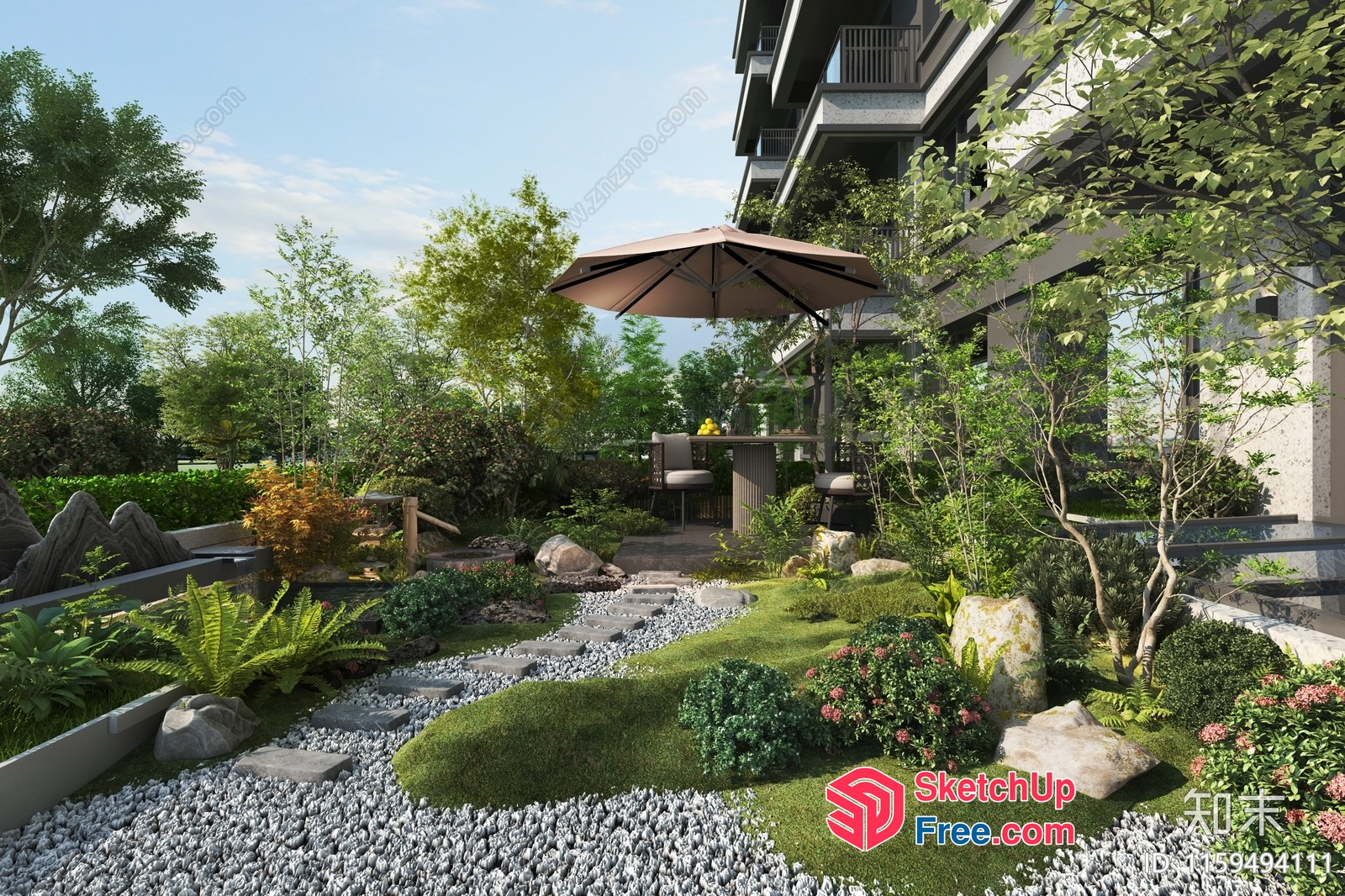 Japanese Style Garden With Stone Pathway And Umbrella 3D SketchUp File