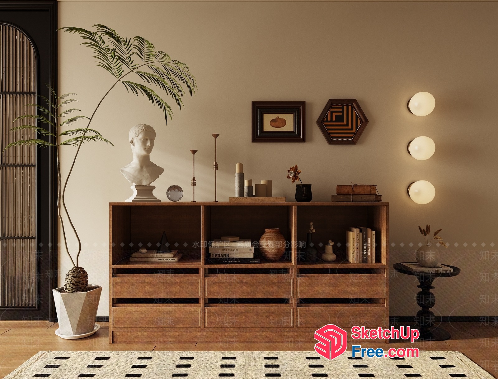 Minimalist Japanese Decorated Room With Bookcase And Pillar 3D SketchUp File