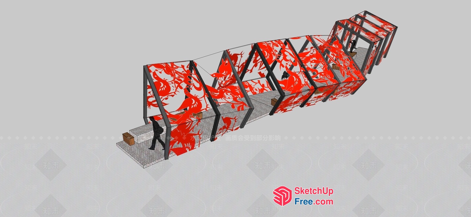 Staircase With Red Floral Designs And Black Railings 3D SketchUp File