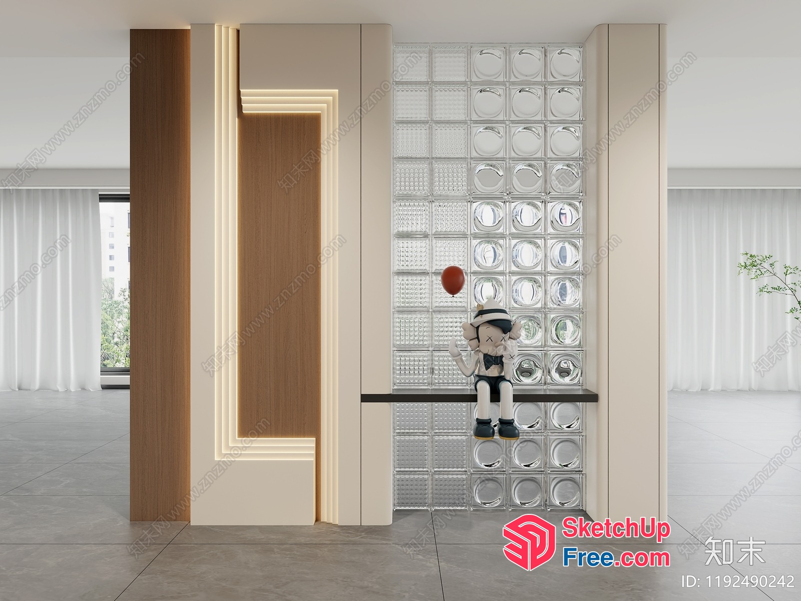 Modern Glass Brick Wall With Pillar And Shelf 3D SketchUp File