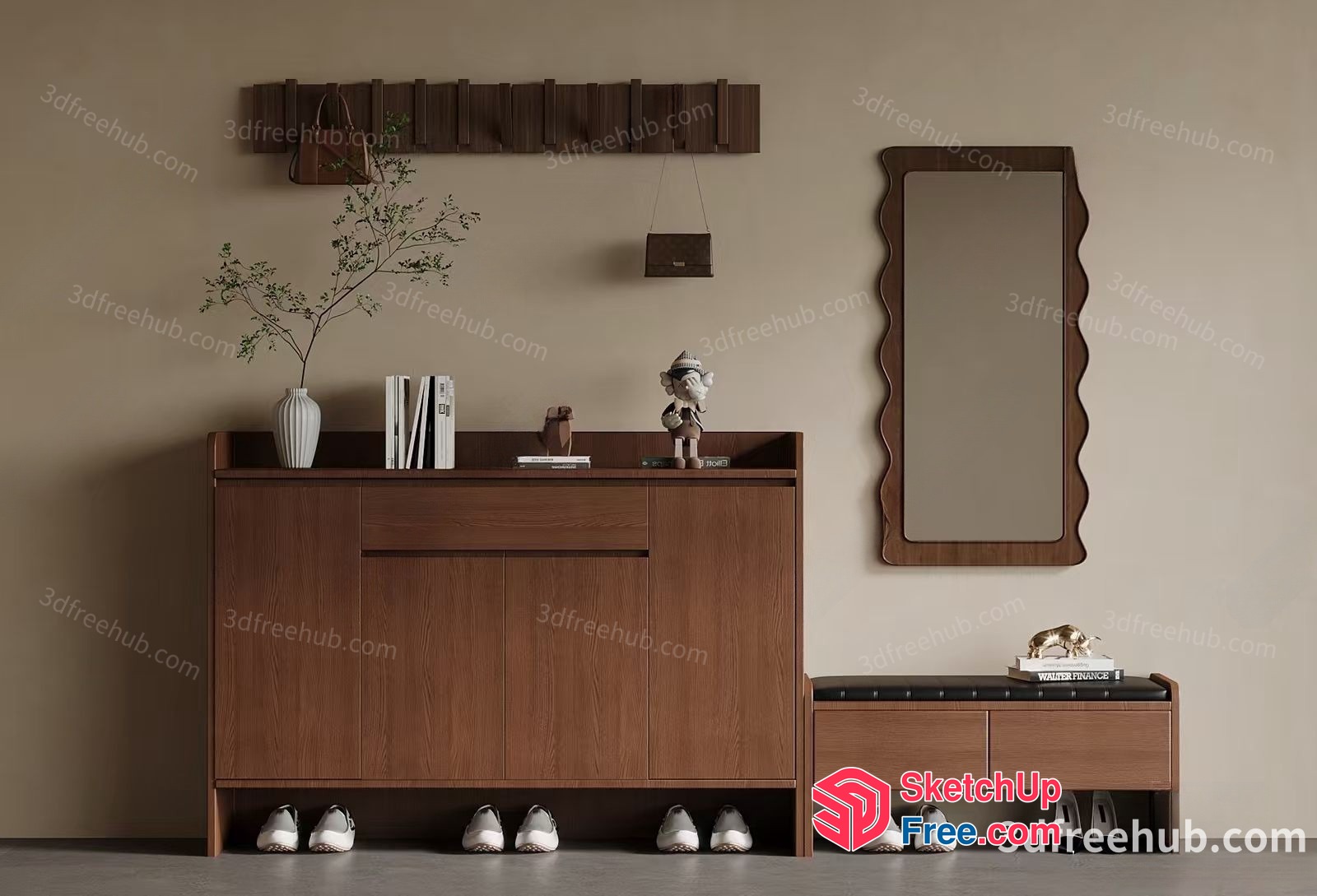 Entryway With Wooden Cabinet, Mirror, And Bench 3D SketchUp File