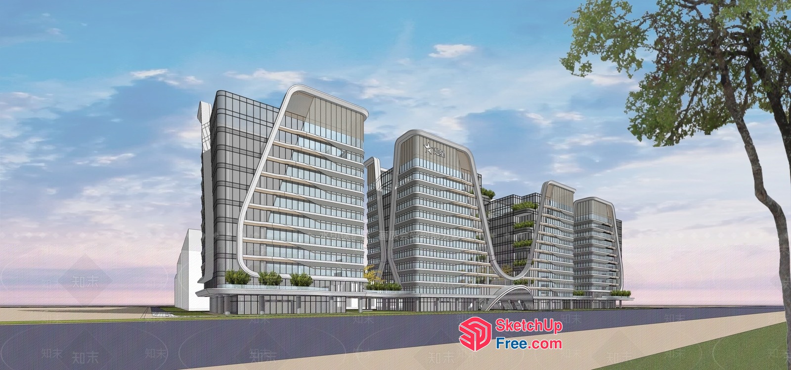 Modern Glass And Steel Office Building With Unique Architecture 3D SketchUp File