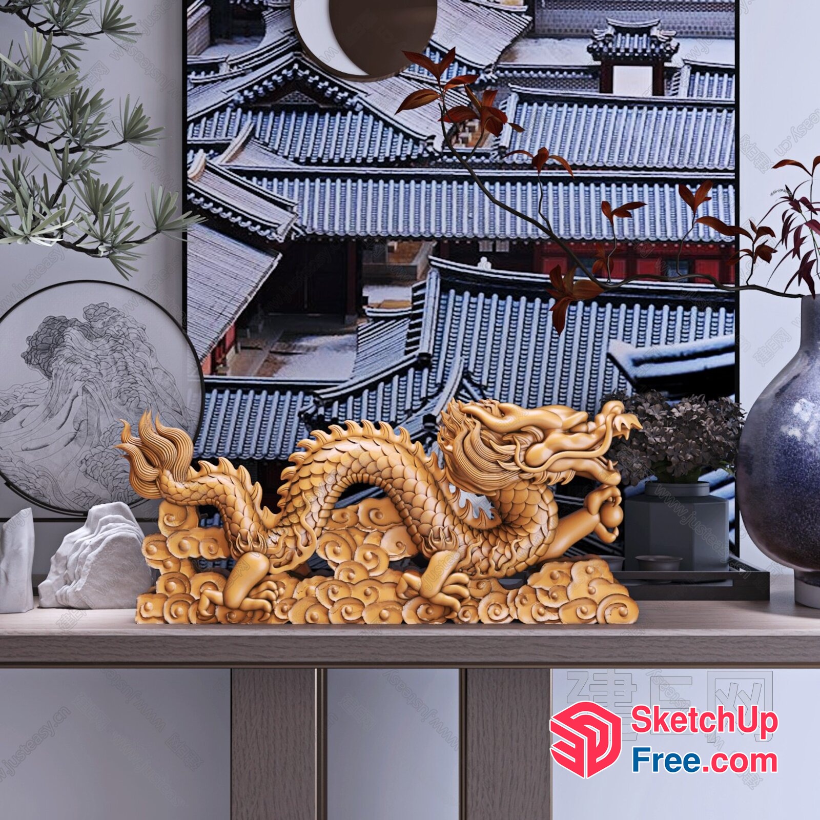 Asian-Inspired Decorative Piece With Dragon Motif 3D SketchUp File