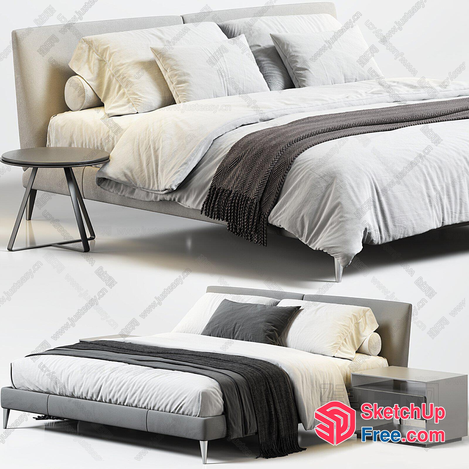 Modern Grey Bed And Side Table 3D SketchUp File