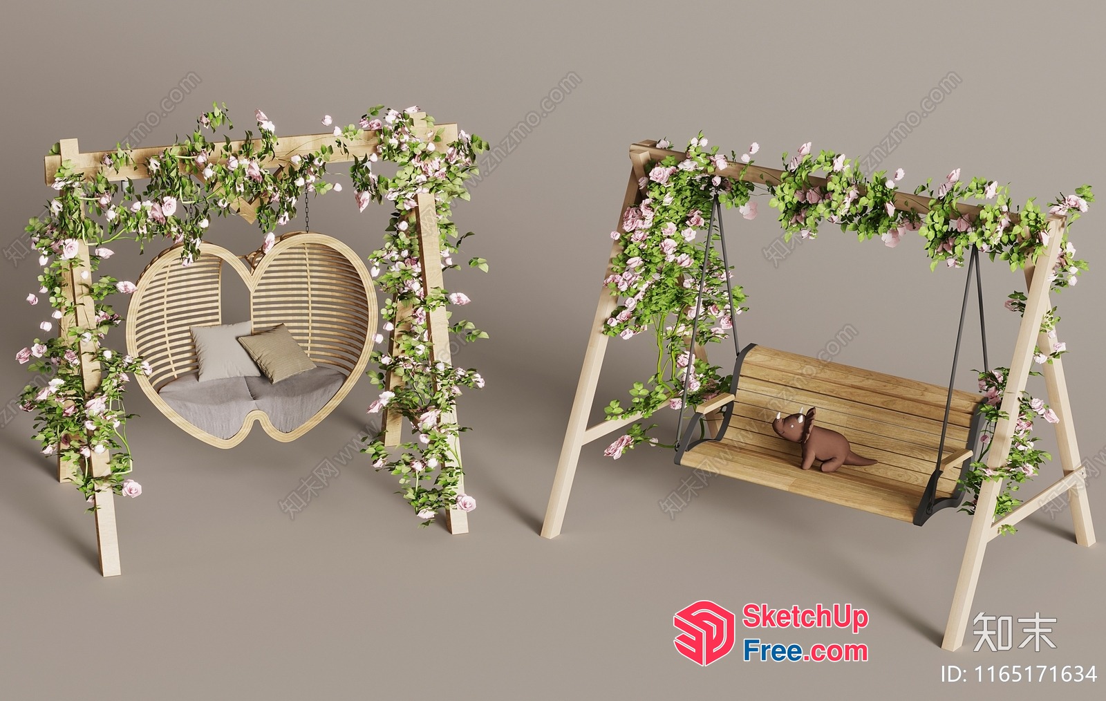 Serene Wooden Swing With Floral Accents 3D SketchUp File