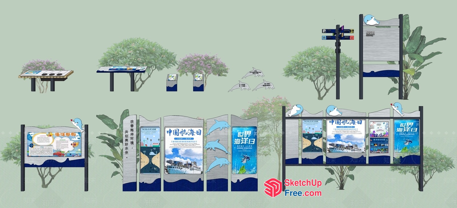Outdoor Signage With Dolphin Illustrations 3D SketchUp File