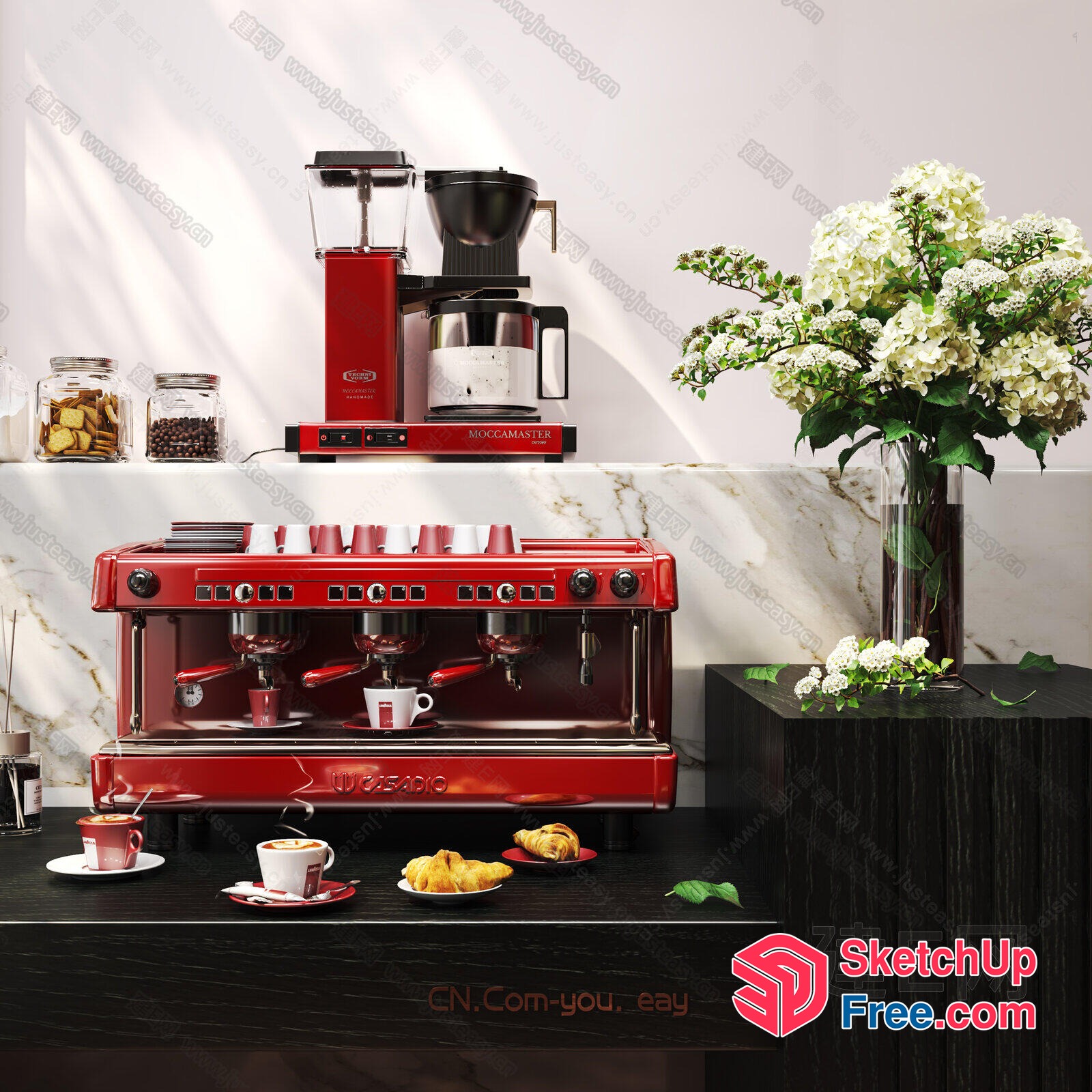 Red And Black Coffee Machine And Flowers 3D SketchUp File