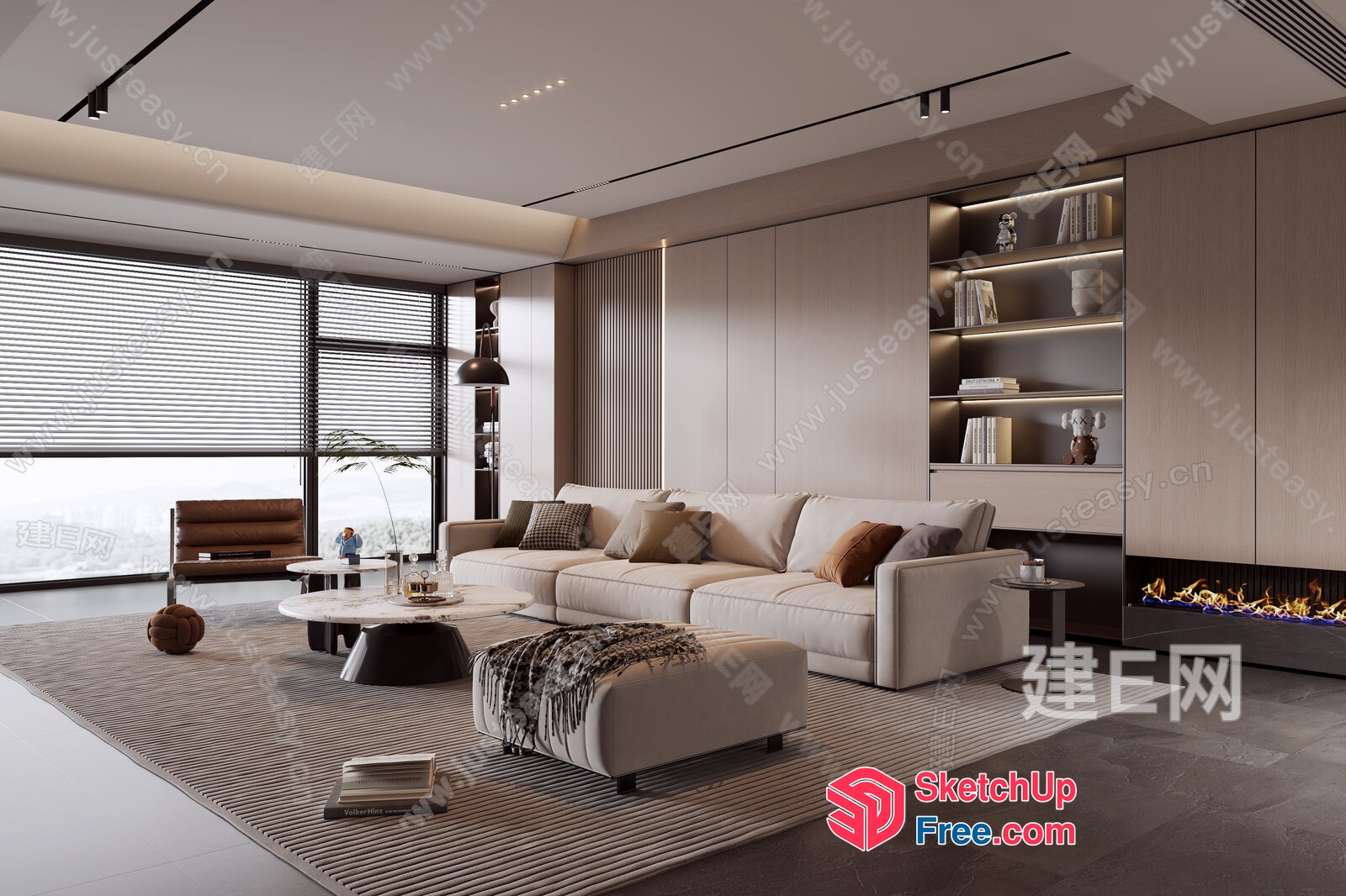 Modern Living Room With Creamy Style And Fireplace 3D SketchUp File