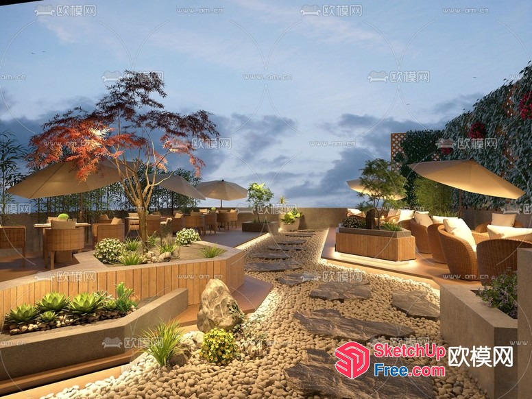 Modern Japanese-Inspired Rooftop Patio With Natural Elements 3D SketchUp File
