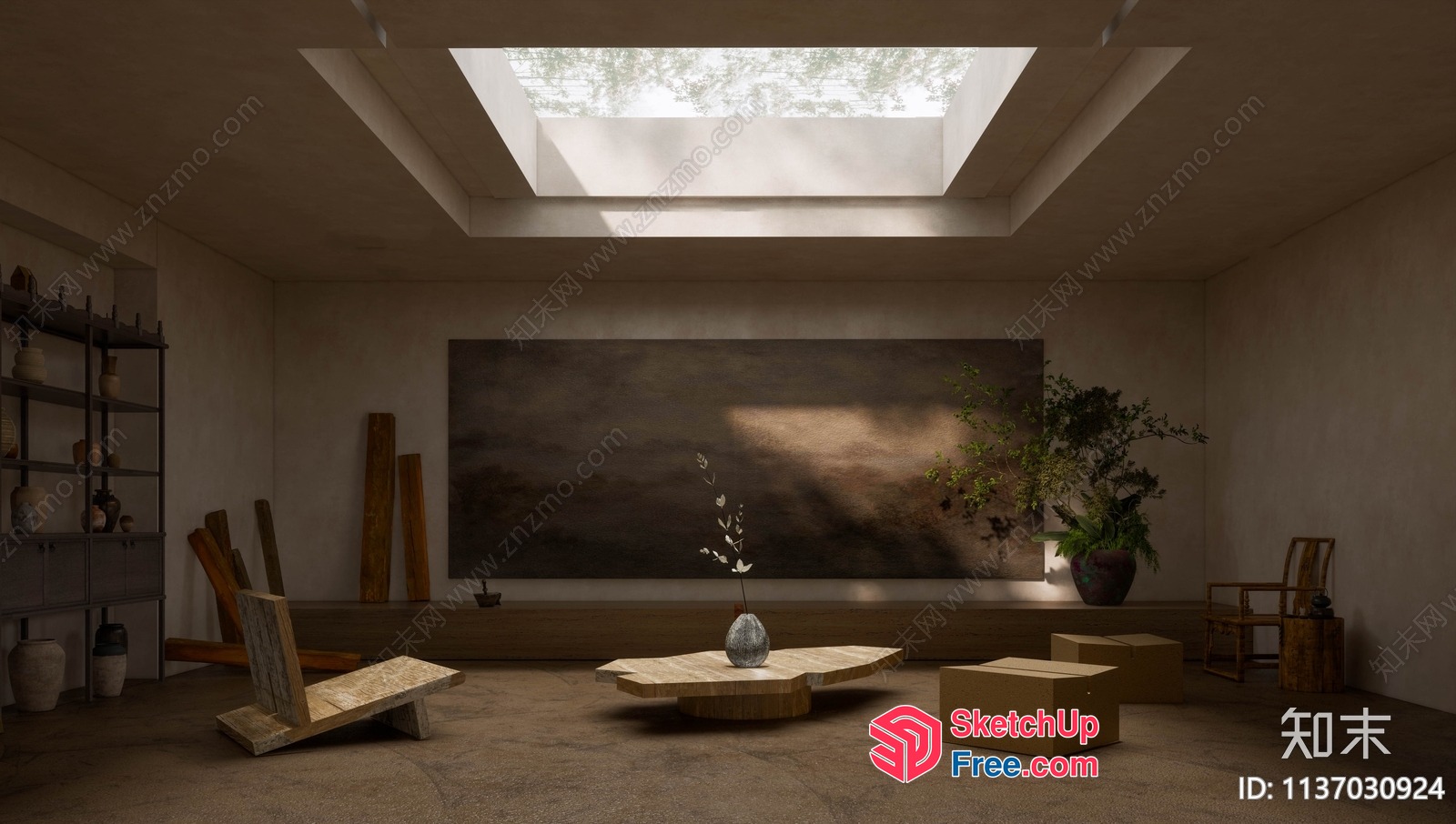 Modern Minimalist Japanese-Style Living Room With Natural Elements 3D SketchUp File