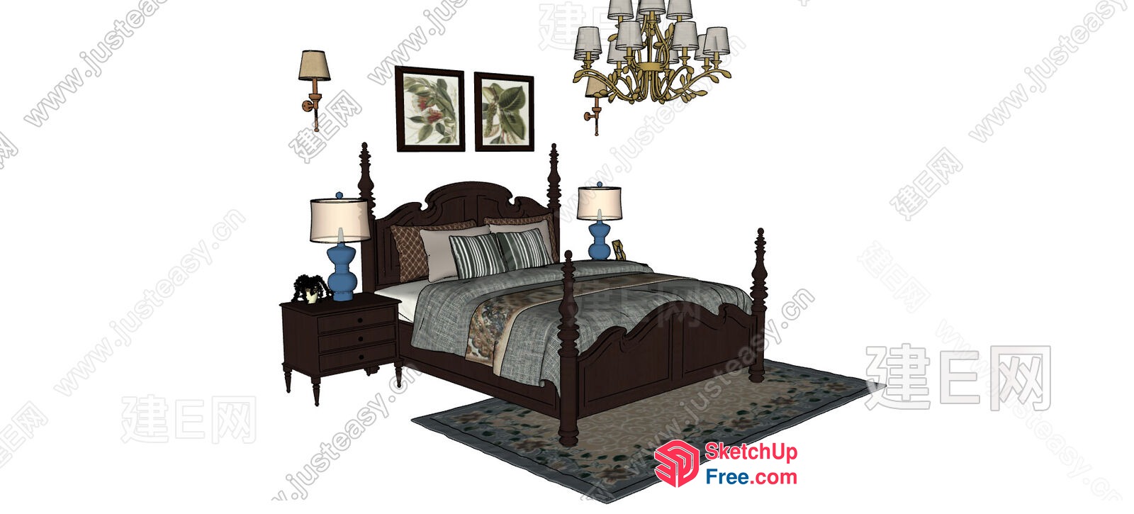 Elegant Dark Wood Bed And Nightstand 3D SketchUp File