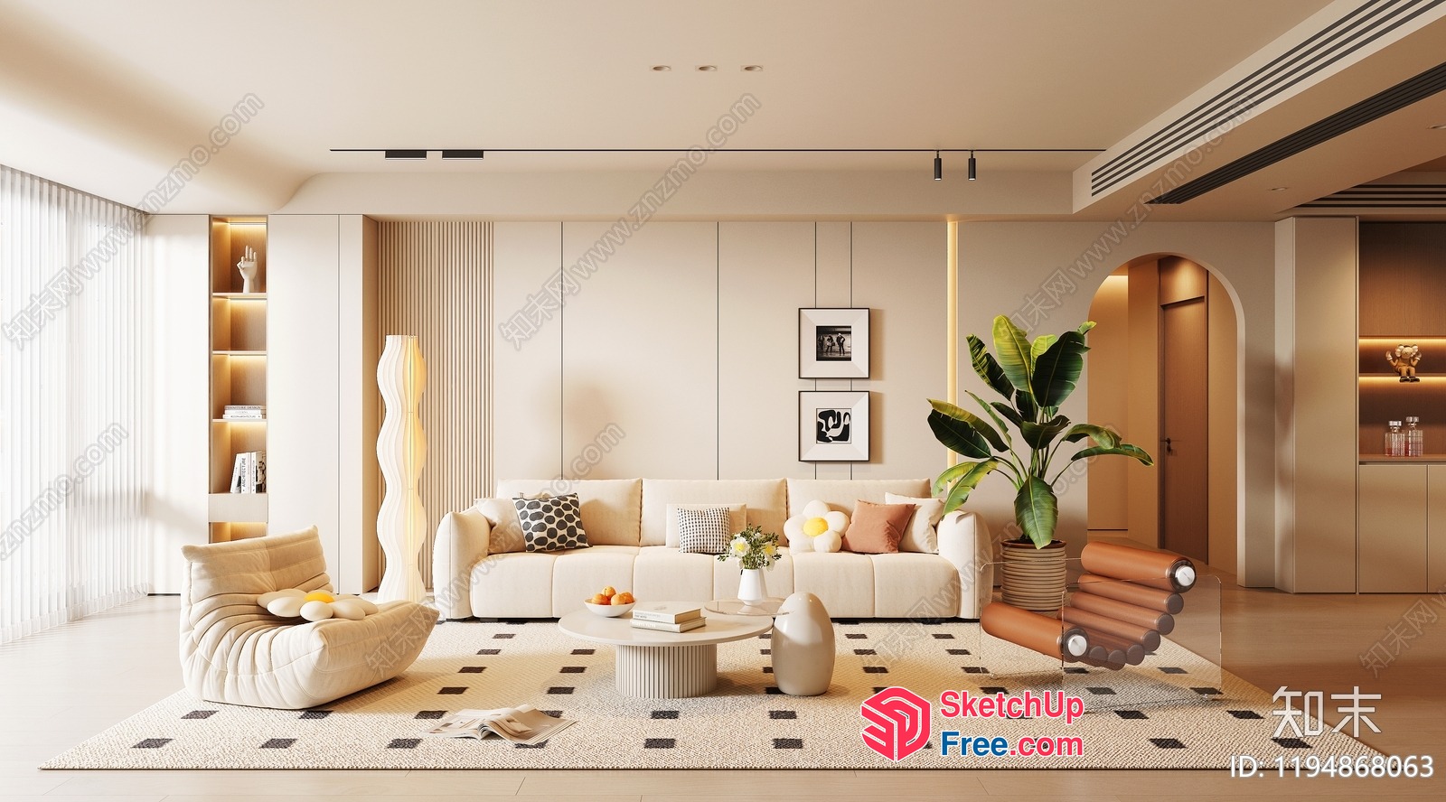 Elegant Creamy Style Living Room Interior 3D SketchUp File
