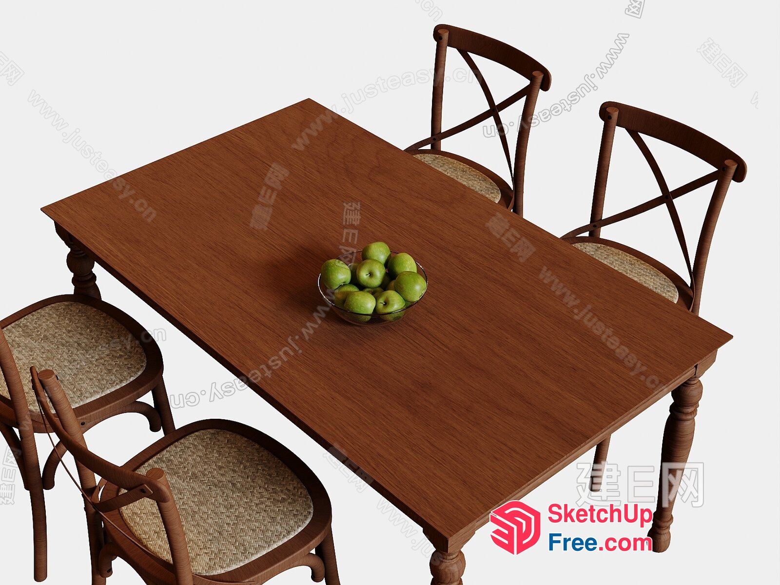 A Simple Dining Table With Four Chairs And A Bowl Of Apples 3D SketchUp File
