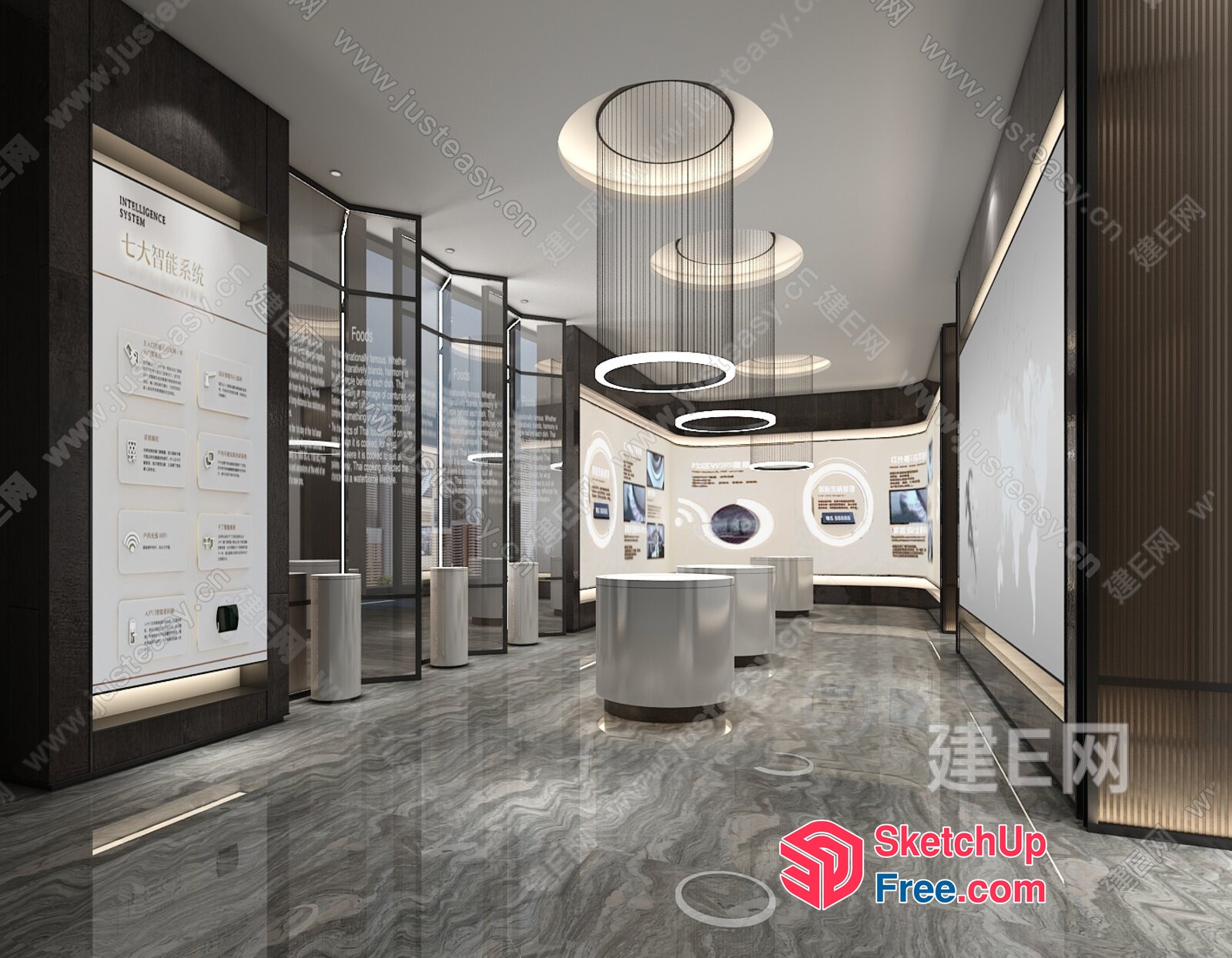 Modern Exhibition Space With Circular Lighting Fixtures And Informational Displays 3D SketchUp File