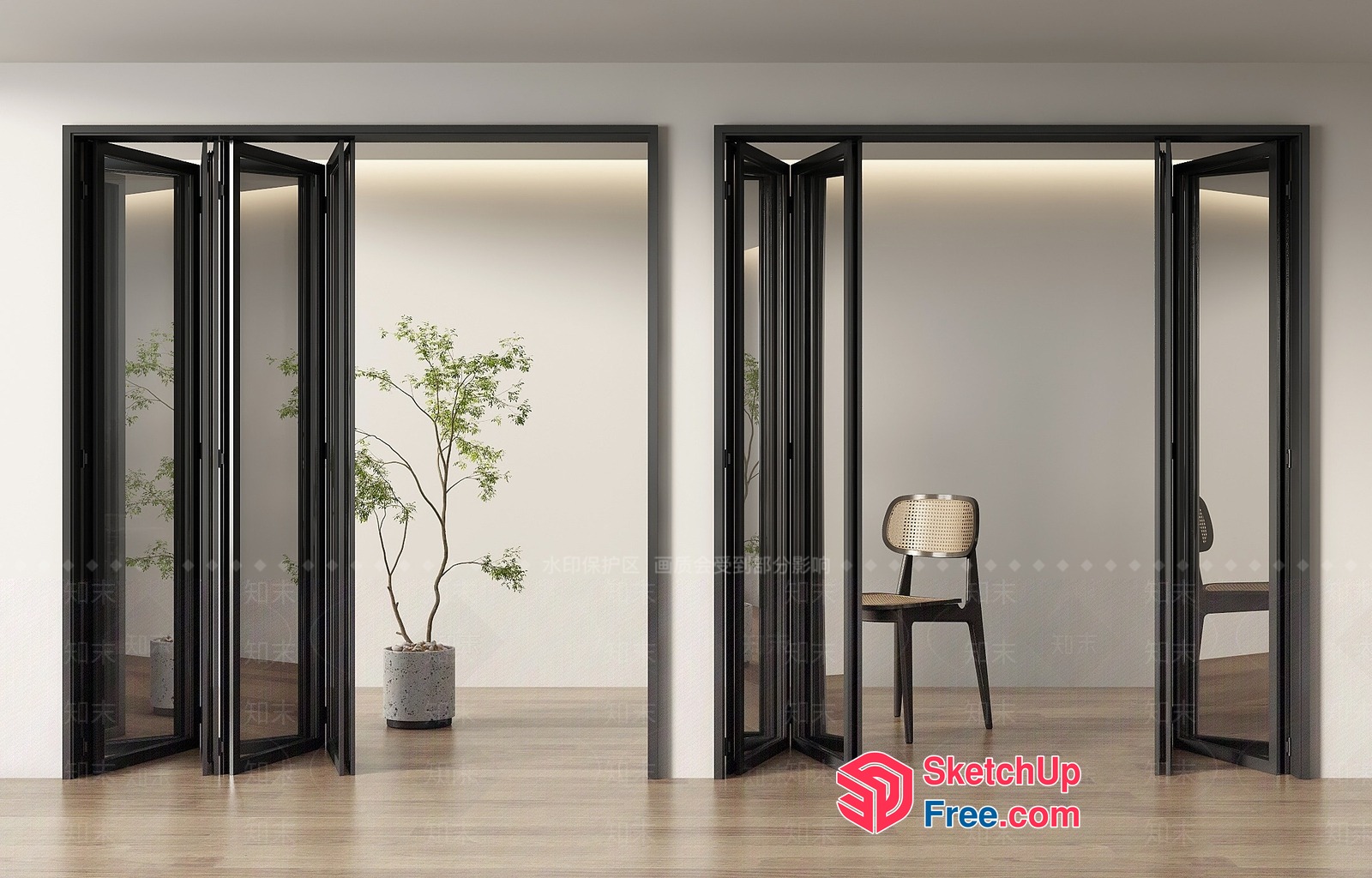 Modern Minimalist Glass Doorway With Potted Plant And Chair 3D SketchUp File