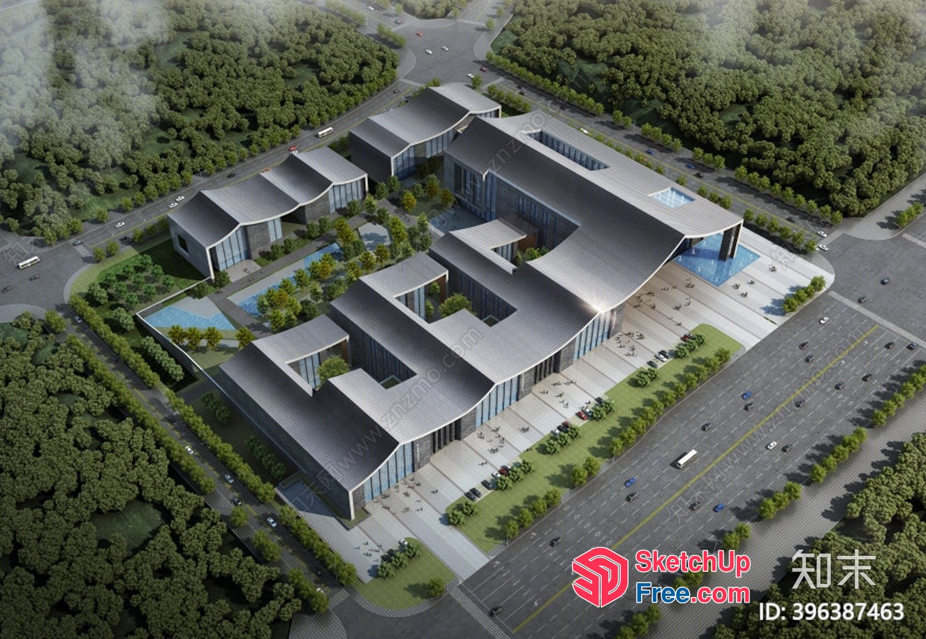Modern Commercial Building With Glass Curtain Wall And Stairs 3D SketchUp File