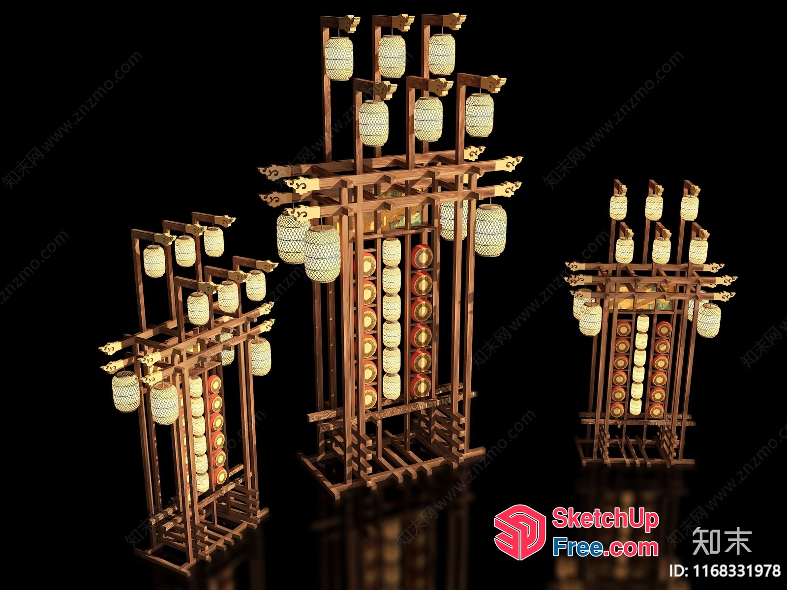 Asian-Inspired Wooden Lantern Ceiling Fixture 3D SketchUp File