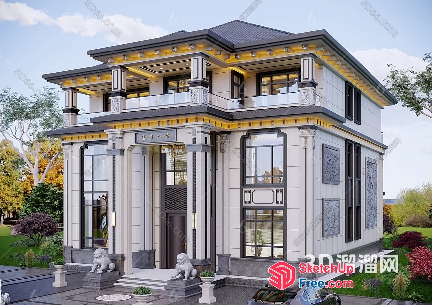 Elegant White Mansion With Ornate Pillars And Windows 3D SketchUp File