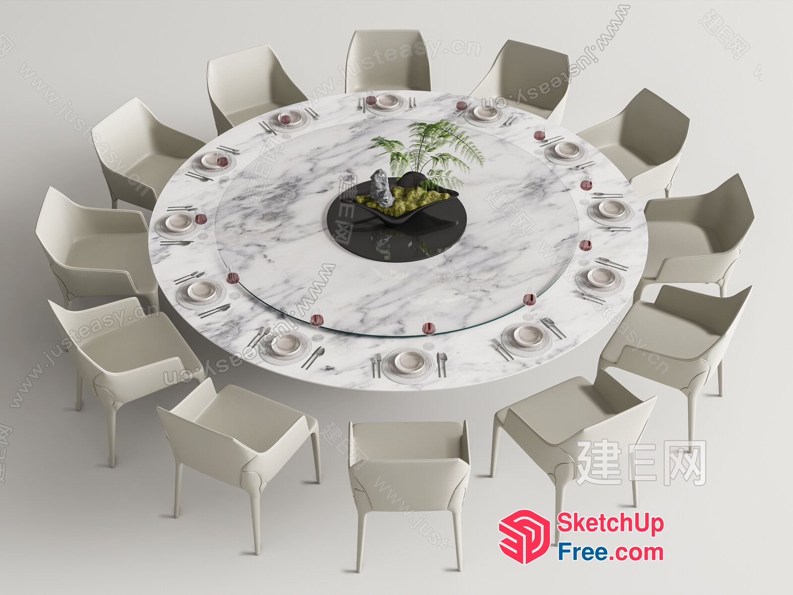 Elegant Round Dining Table With Marble Top And Modern Chairs 3D SketchUp File