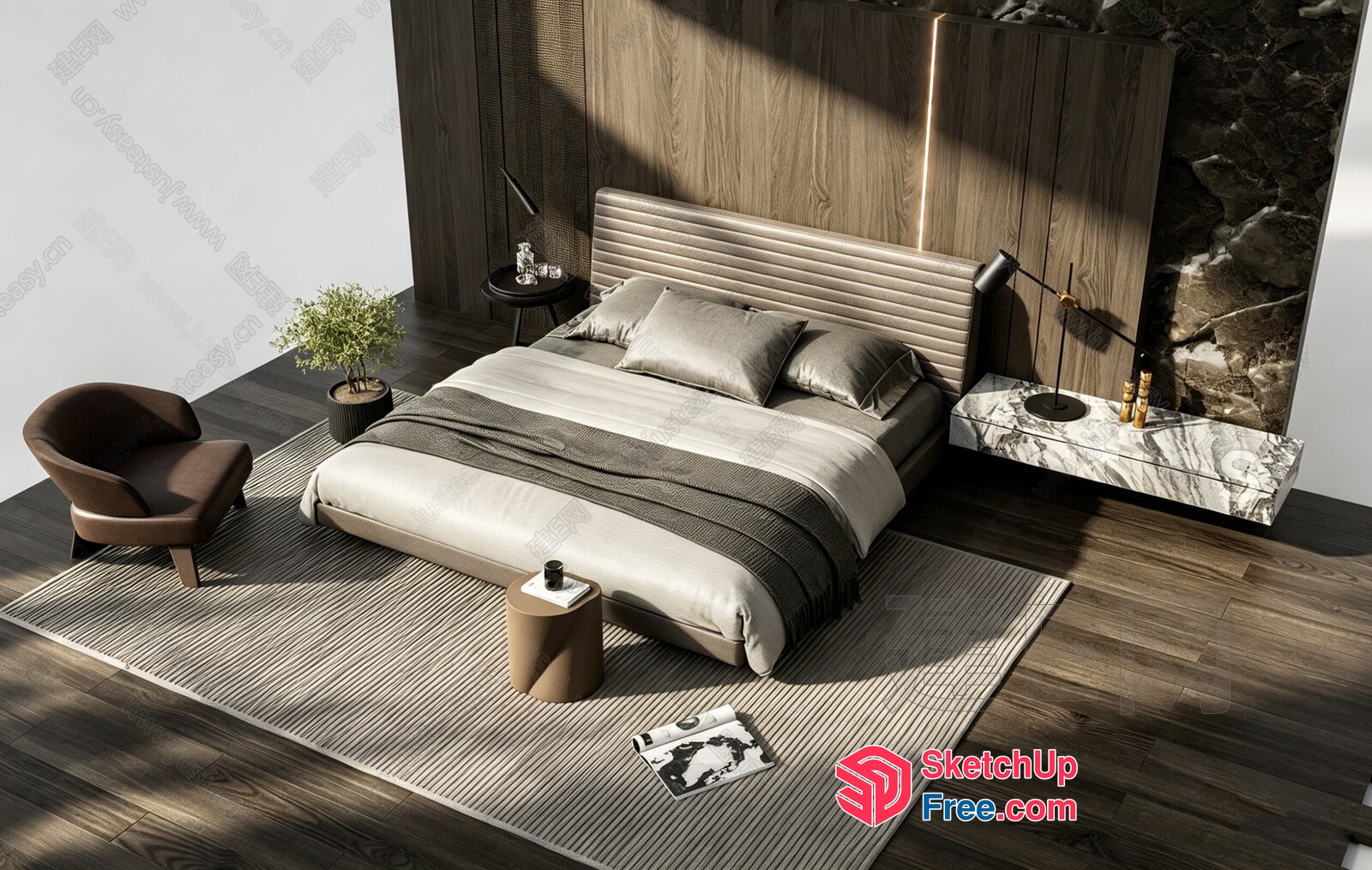 Modern Minimalist Bedroom With Wooden Accent 3D SketchUp File