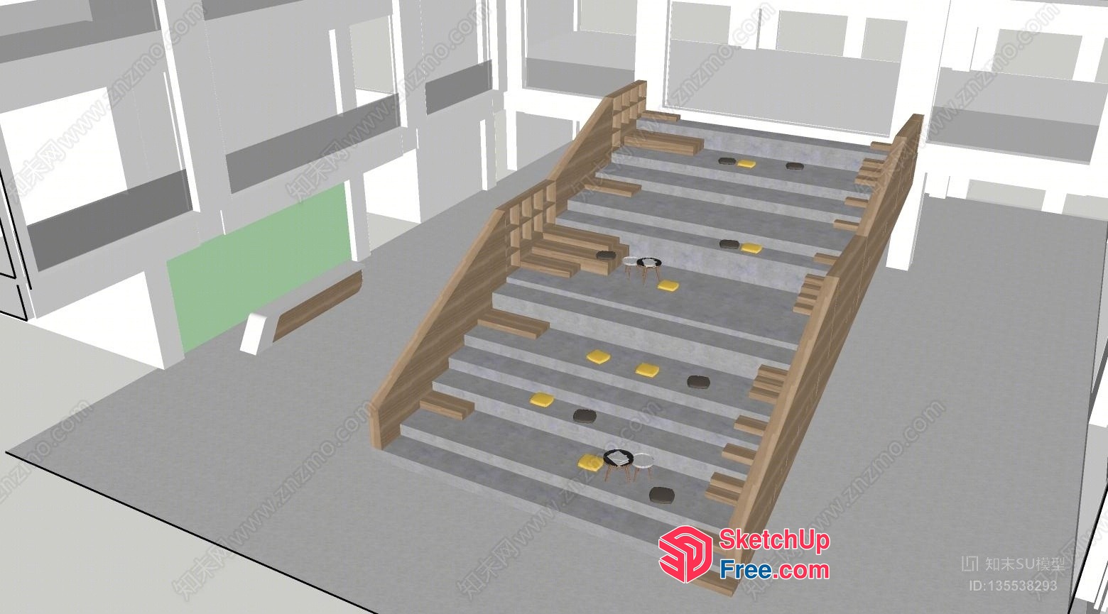 Staircase With Wooden Railing And Gray Steps 3D SketchUp File
