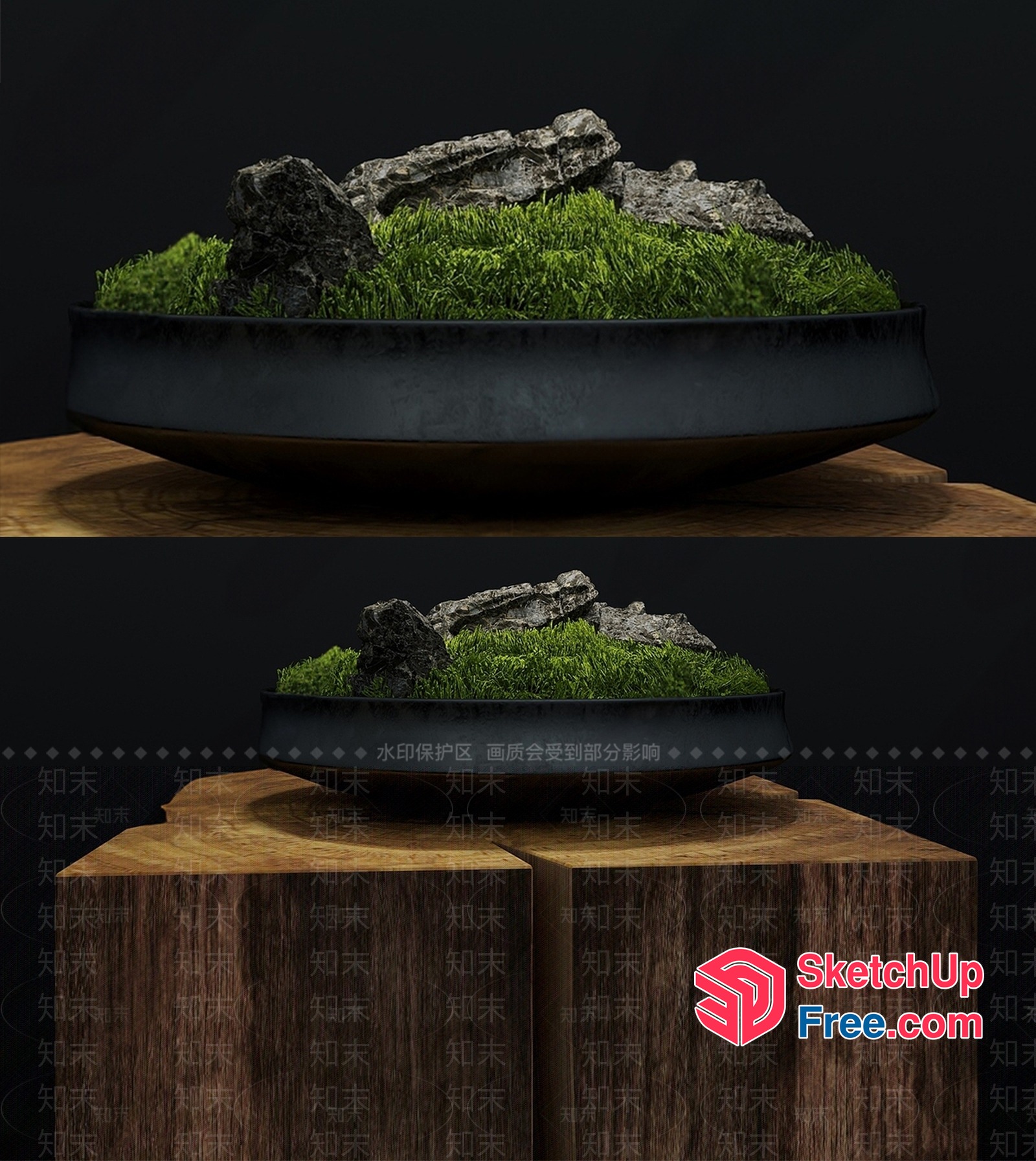 Stone And Grass Bowl On Wooden Stand 3D SketchUp File