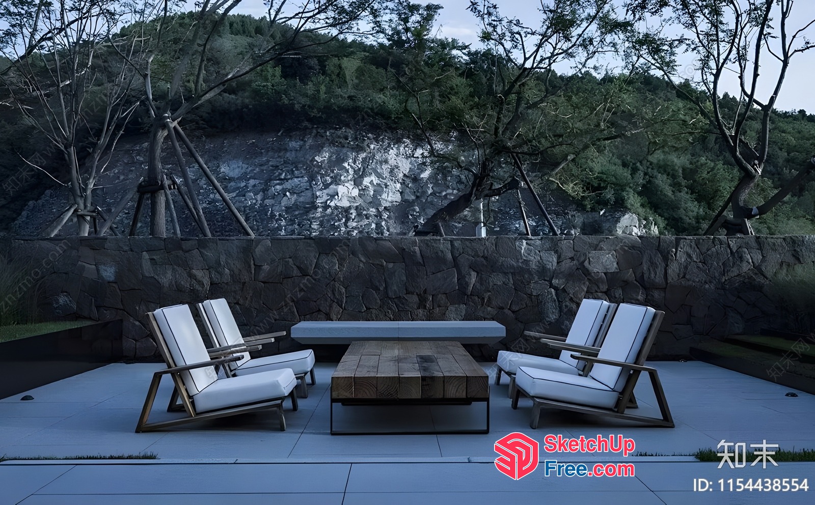 Modern Outdoor Seating Area With Stone Wall 3D SketchUp File