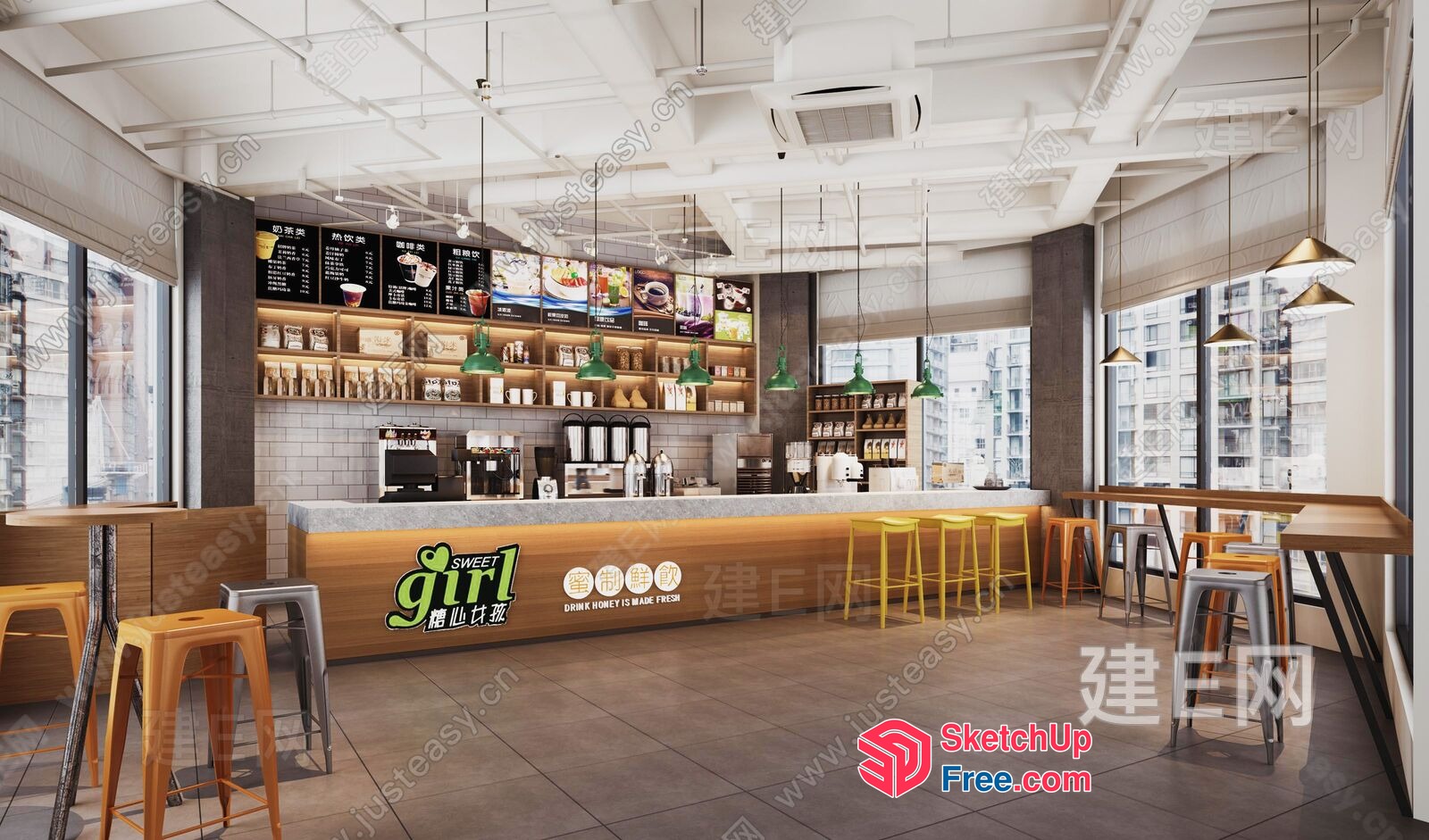 Modern Cafe Interior With Sweet Girl Logo 3D SketchUp File