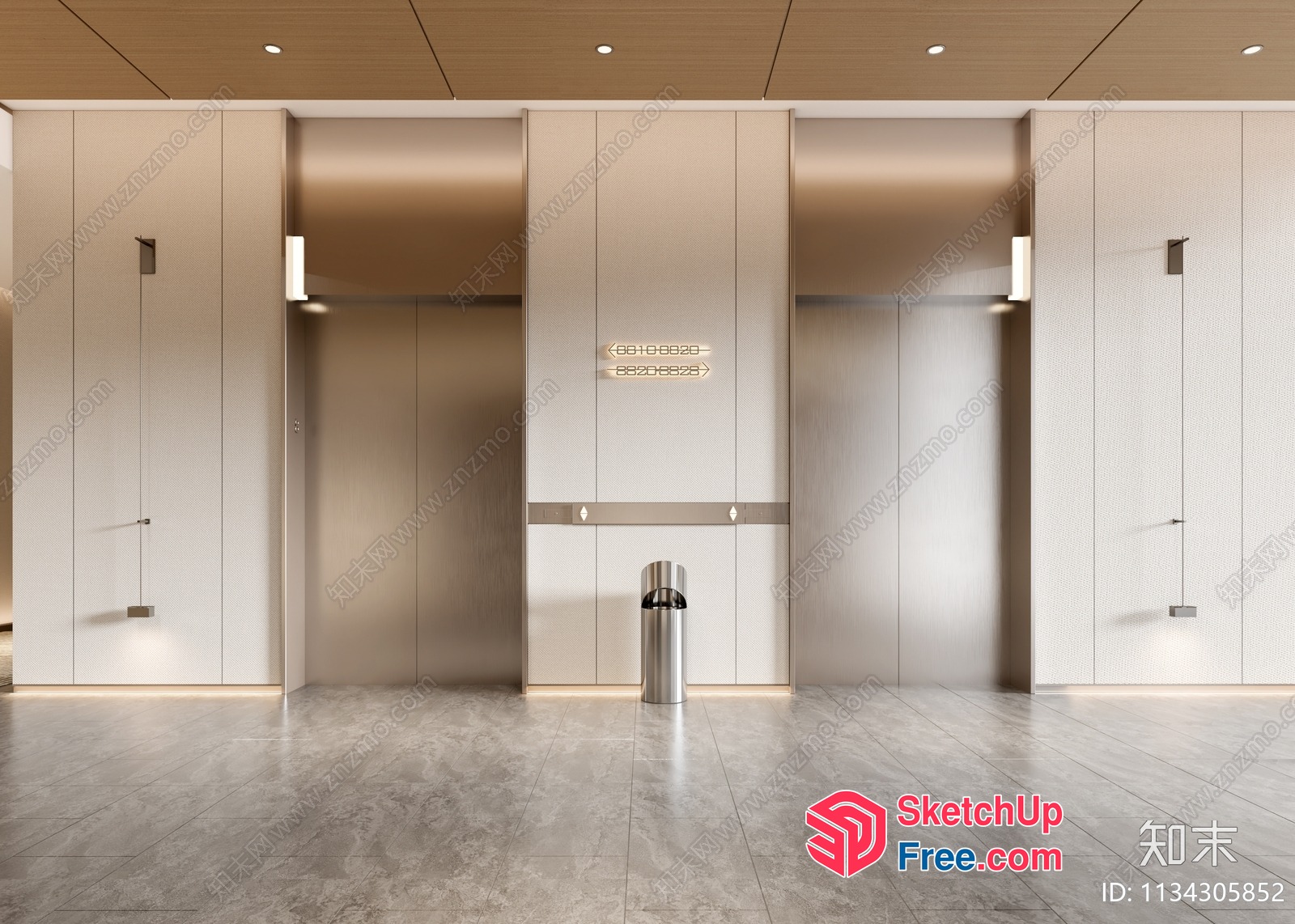 Modern Office Building Interior With Elevators And Trash Cans 3D SketchUp File