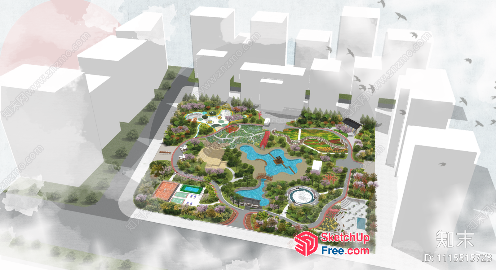 3D Rendering Of A Park With A Swimming Pool And Various Landscaping Features 3D SketchUp File