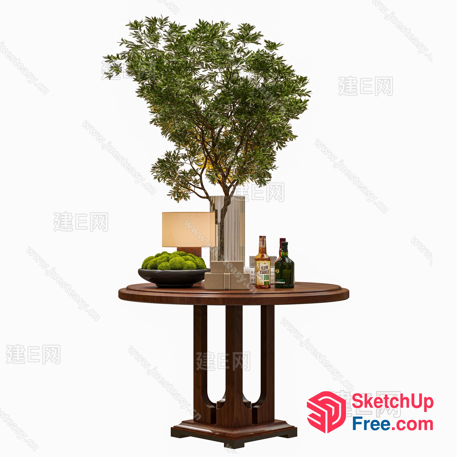Elegant Round Table With Bowl Of Green Fruits, Two Bottles Of Alcohol, And Small Tree 3D SketchUp File
