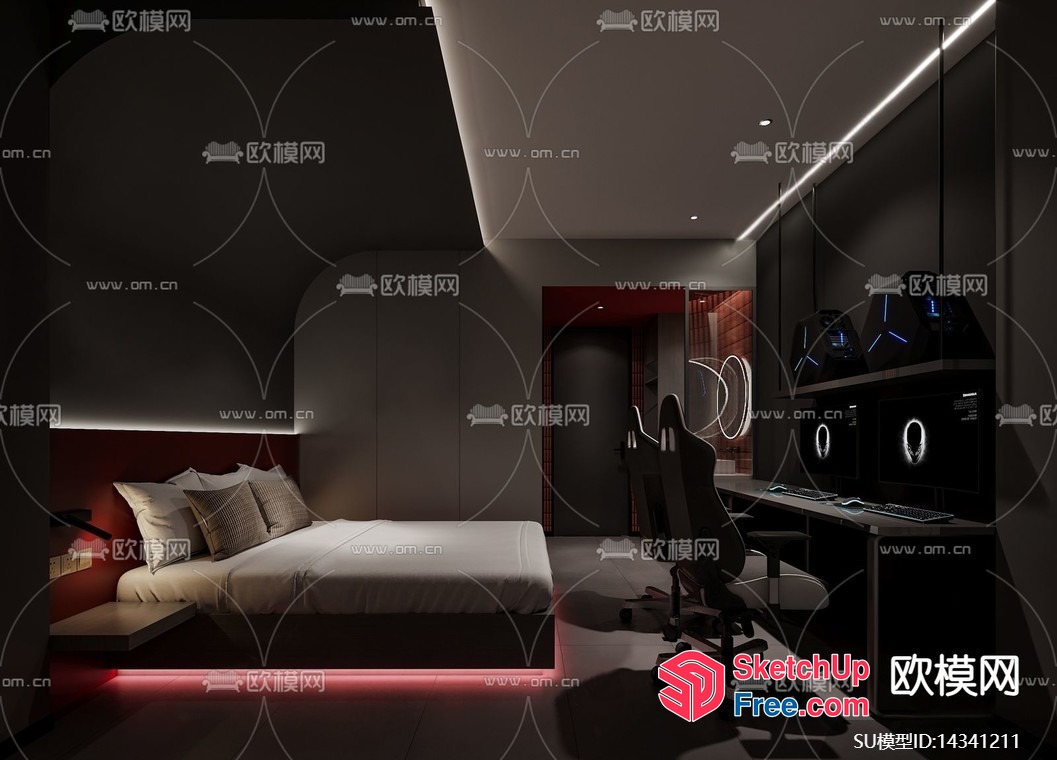 Modern Minimalist Bedroom With Sleek Lighting And Dark Color Scheme 3D SketchUp File