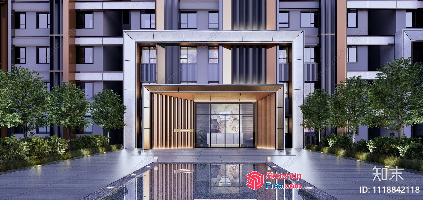Modern Building With Elegant Entrance And Reflection 3D SketchUp File